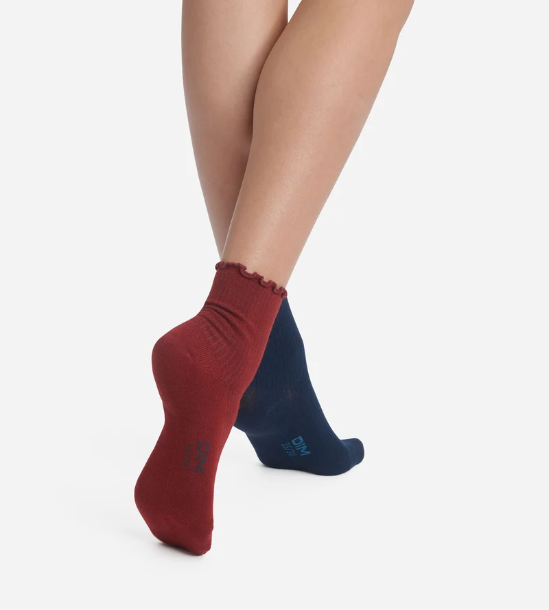 Lot de 2 paires de chaussettes femme à volants Bleu Bordeaux Dim Modal