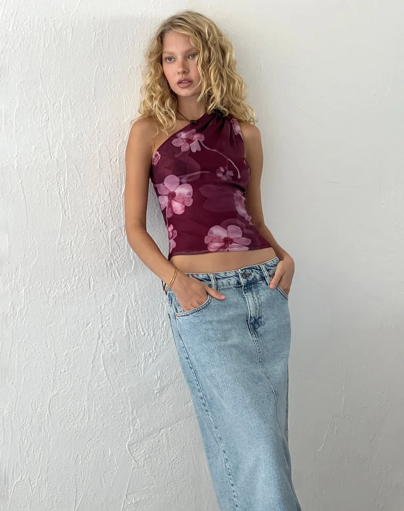 Derse One Shoulder Mesh Top in Watercolour Floral Berry (Top en maille asymétrique)