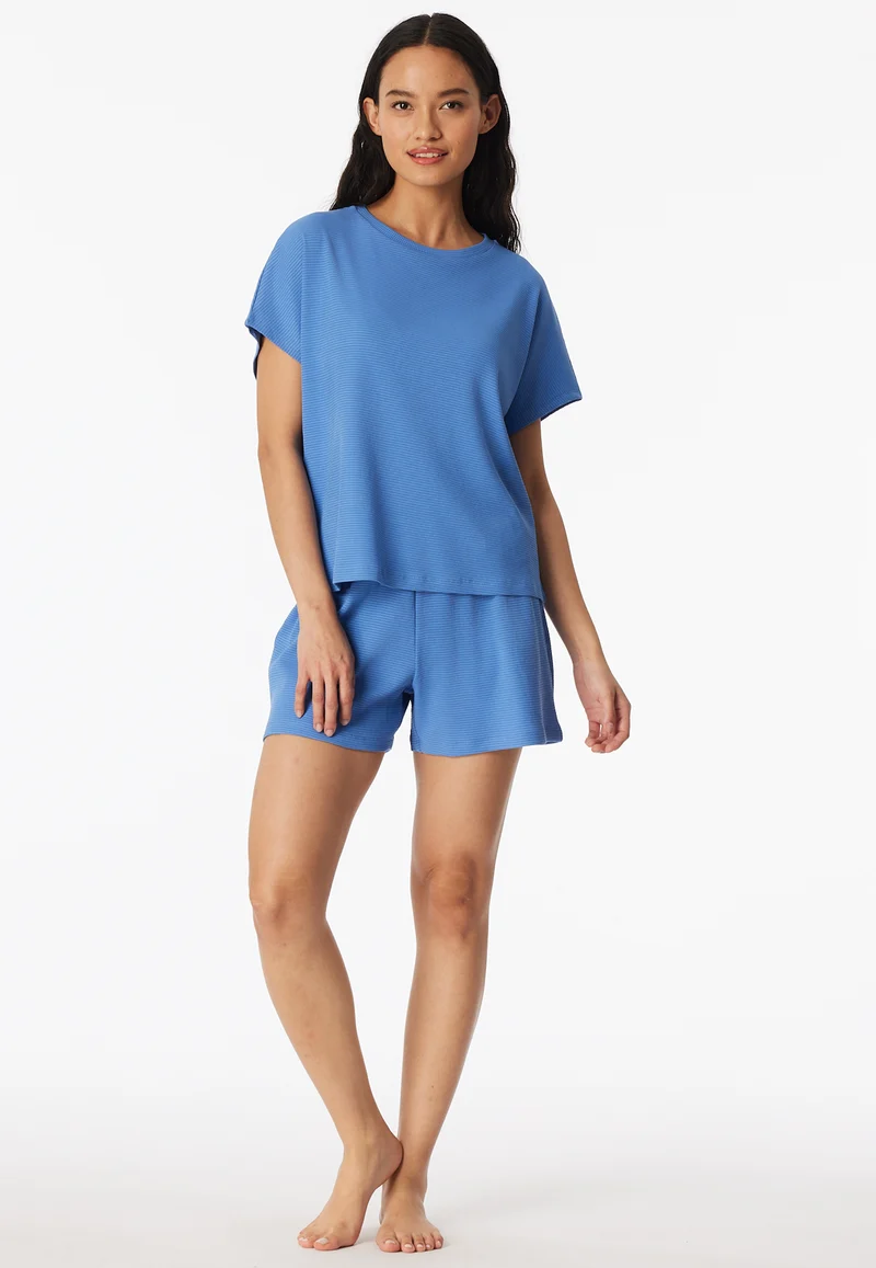 Schlafanzug kurz Feinripp Blau - Casual Feel