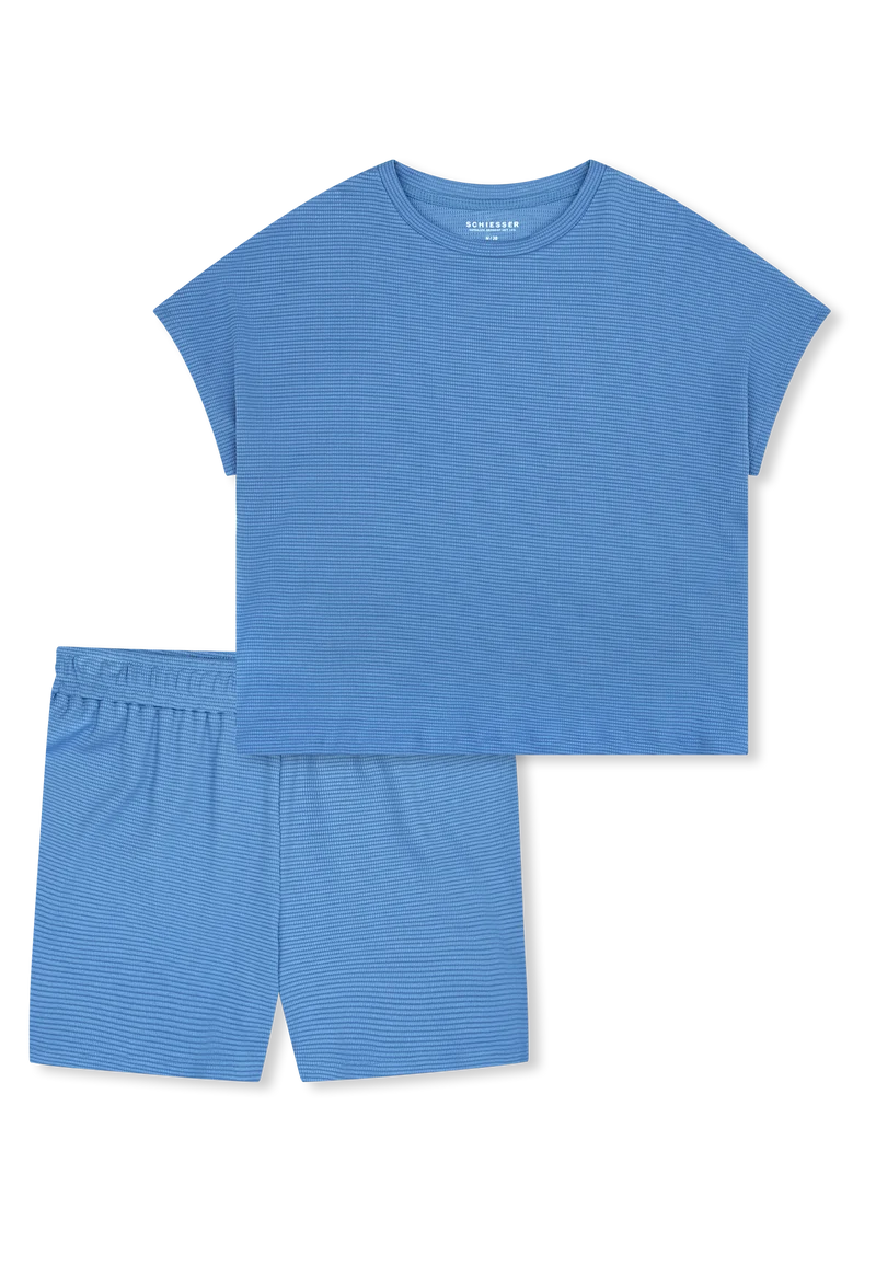 Schlafanzug kurz Feinripp Blau - Casual Feel