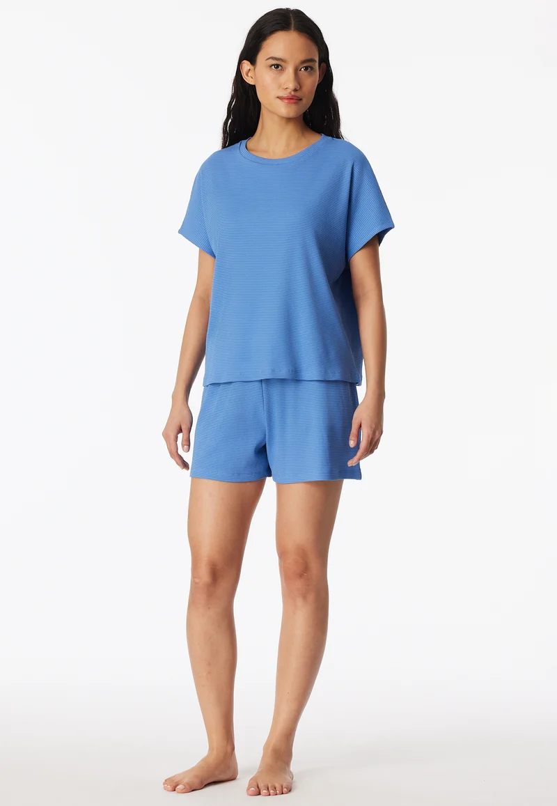 Schlafanzug kurz Feinripp Blau - Casual Feel