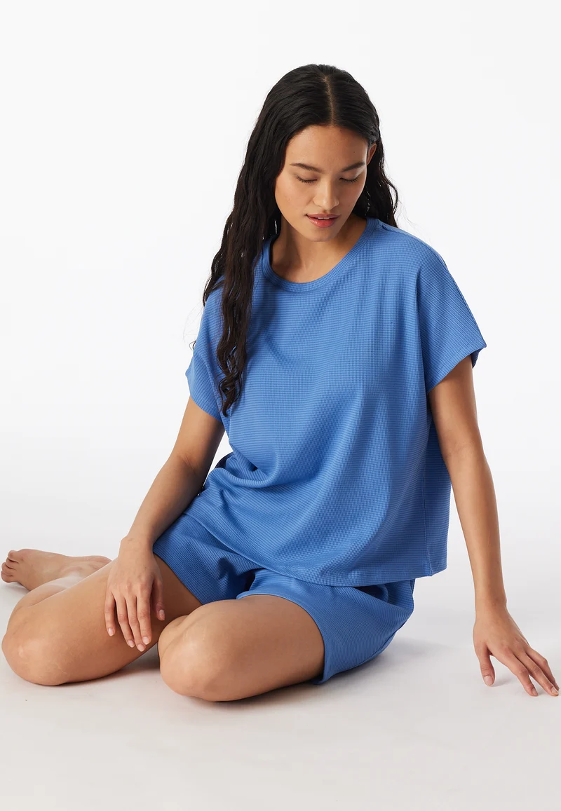 Schlafanzug kurz Feinripp Blau - Casual Feel