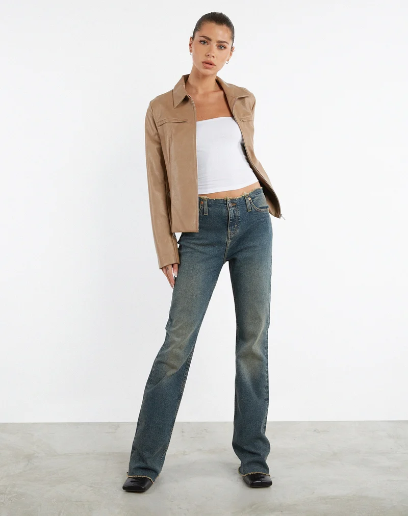 Jean à taille basse effiloché en brun et bleu acidulé