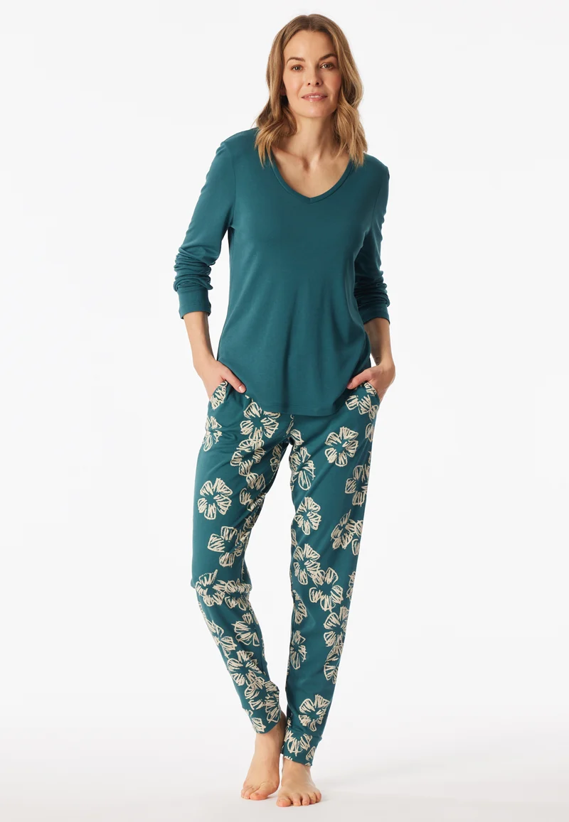 Schlafanzug mit Bündchen Petrol gemustert - Modern Nightwear