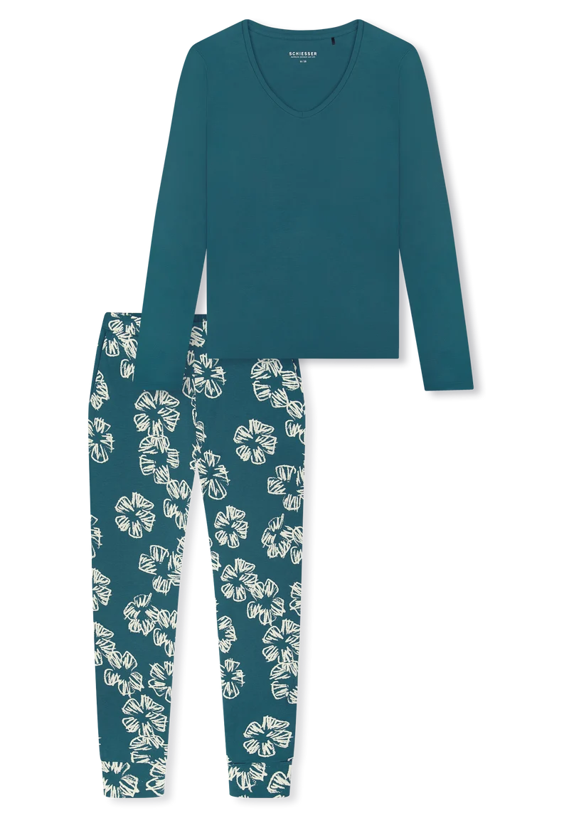 Schlafanzug mit Bündchen Petrol gemustert - Modern Nightwear