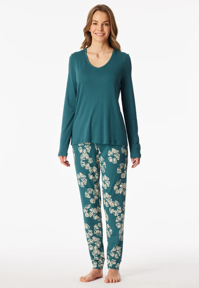 Schlafanzug mit Bündchen Petrol gemustert - Modern Nightwear