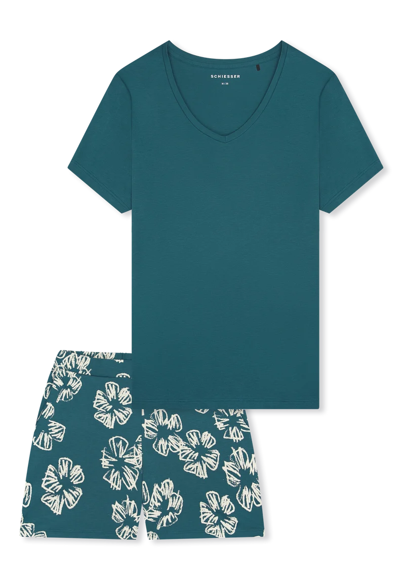 Schlafanzug kurz Petrol gemustert - Modern Nightwear