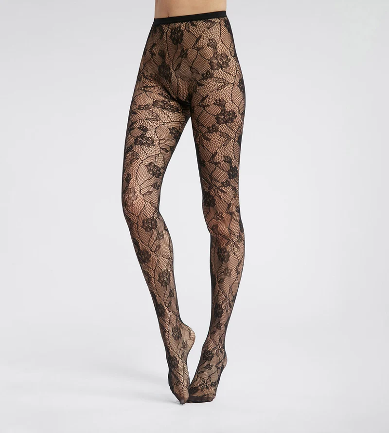 Collant femme en résille et dentelle florale Noir Dim Style