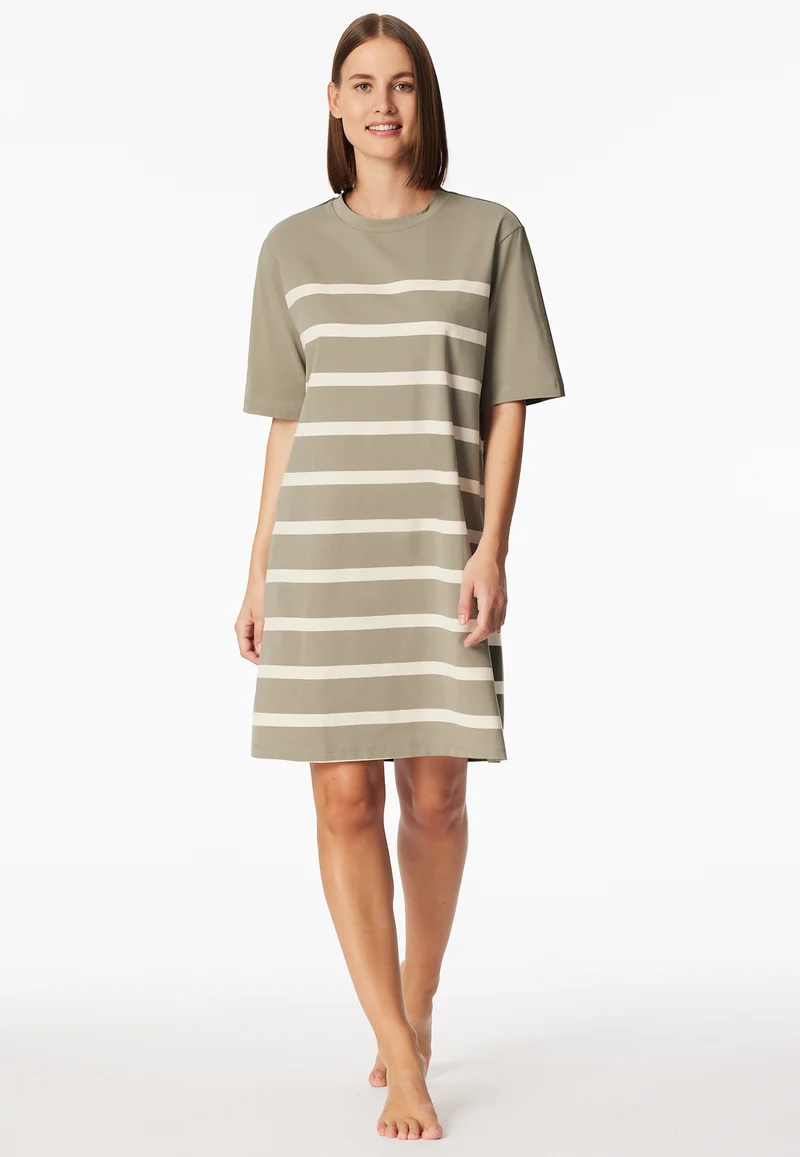 Nachthemd kurzarm Oliv/Weiss gestreift - Casual Nightwear