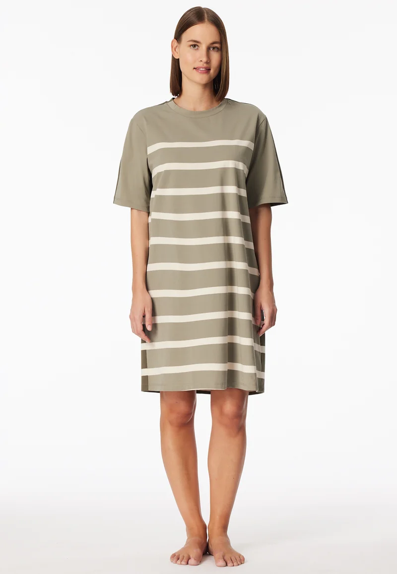 Nachthemd kurzarm Oliv/Weiss gestreift - Casual Nightwear