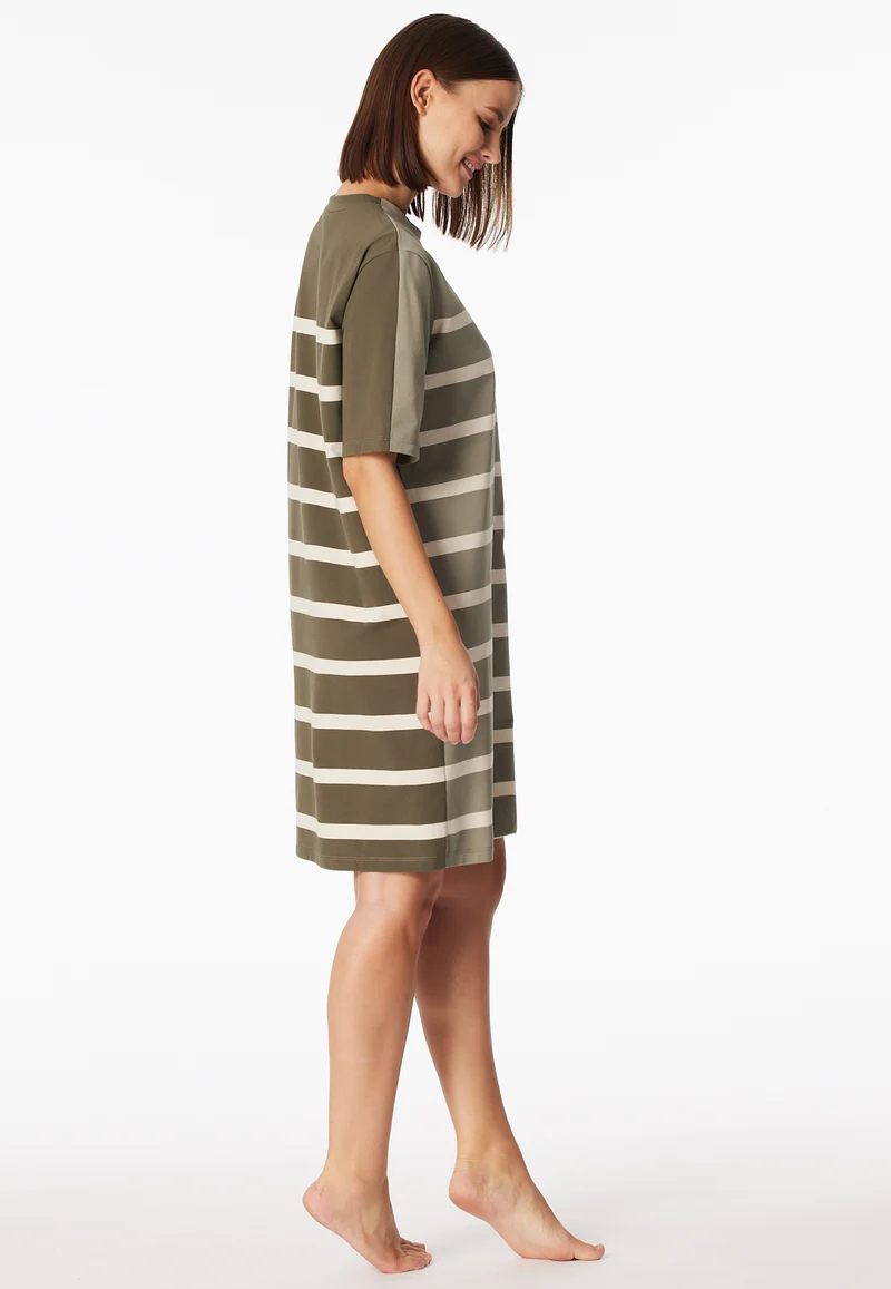 Nachthemd kurzarm Oliv/Weiss gestreift - Casual Nightwear