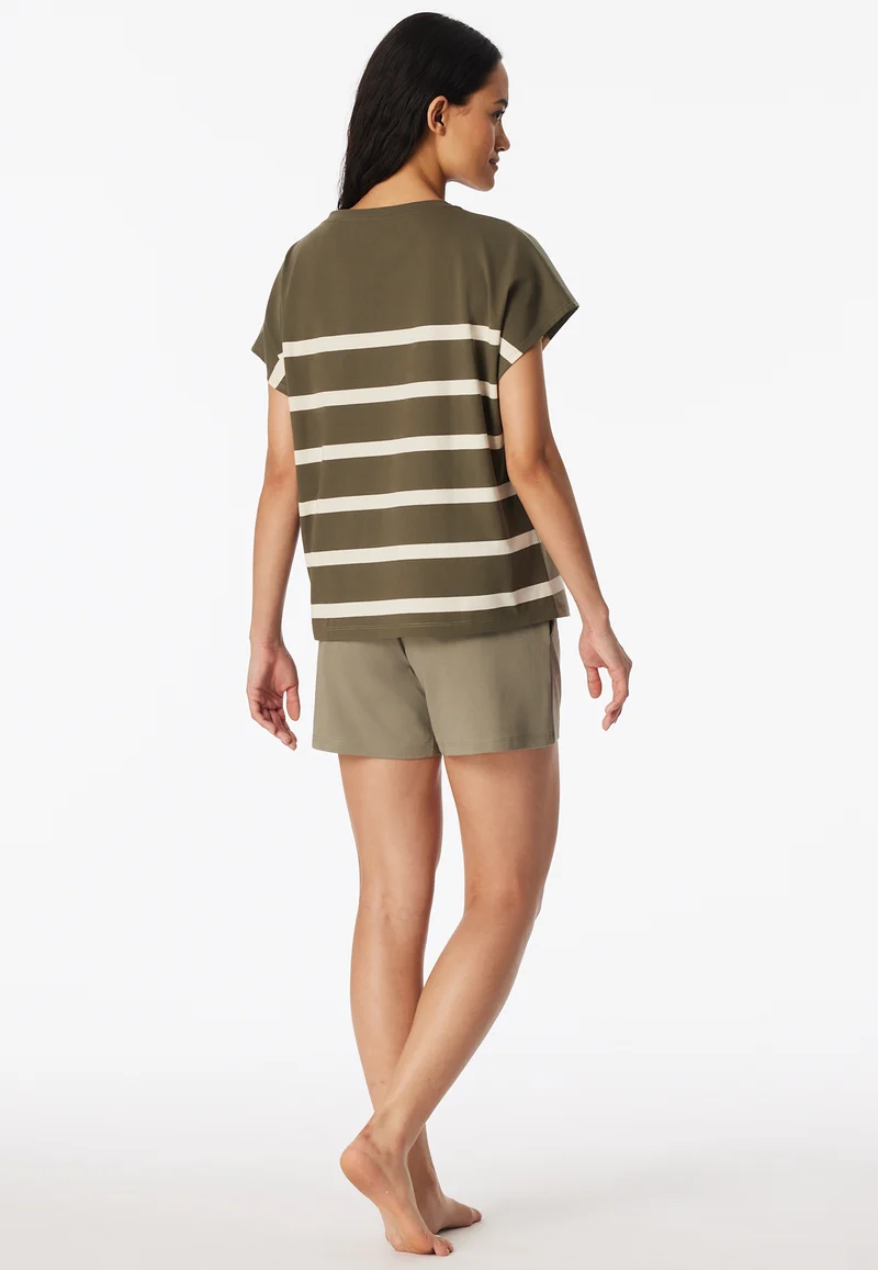 Schlafanzug kurz Oliv/Weiss gestreift - Casual Nightwear