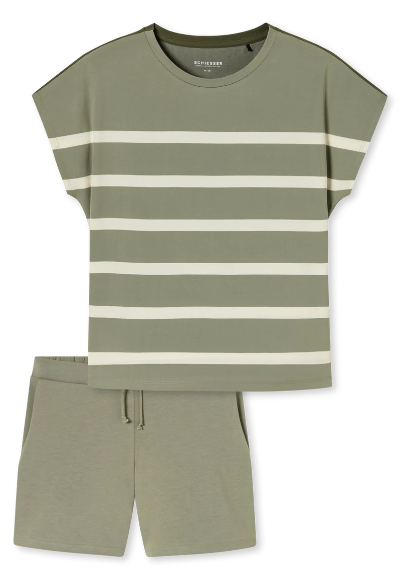 Schlafanzug kurz Oliv/Weiss gestreift - Casual Nightwear