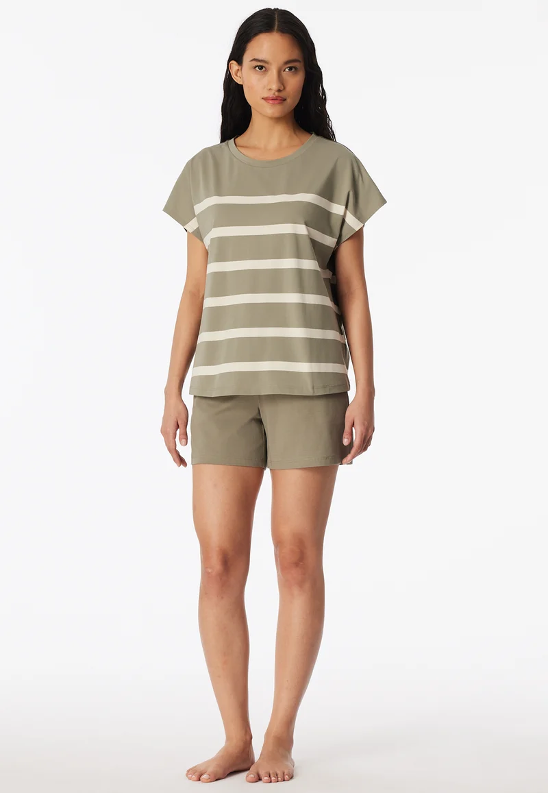 Schlafanzug kurz Oliv/Weiss gestreift - Casual Nightwear