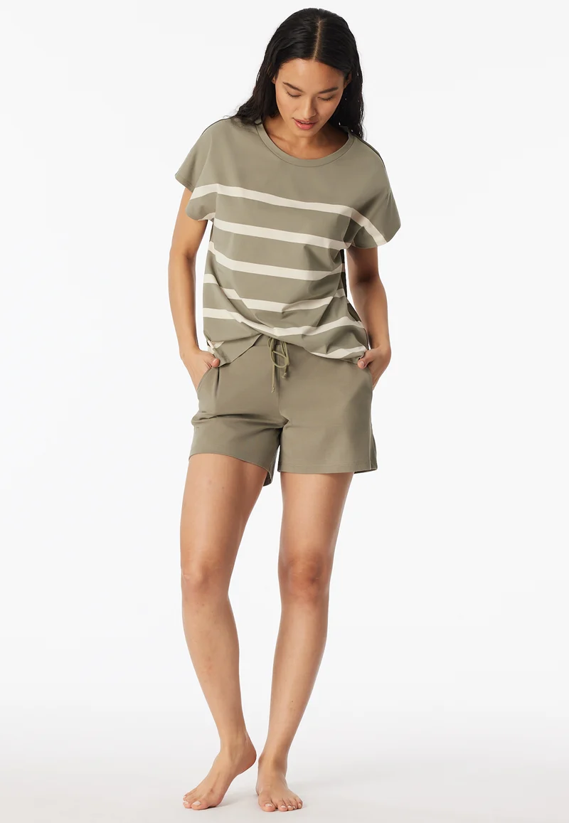 Schlafanzug kurz Oliv/Weiss gestreift - Casual Nightwear
