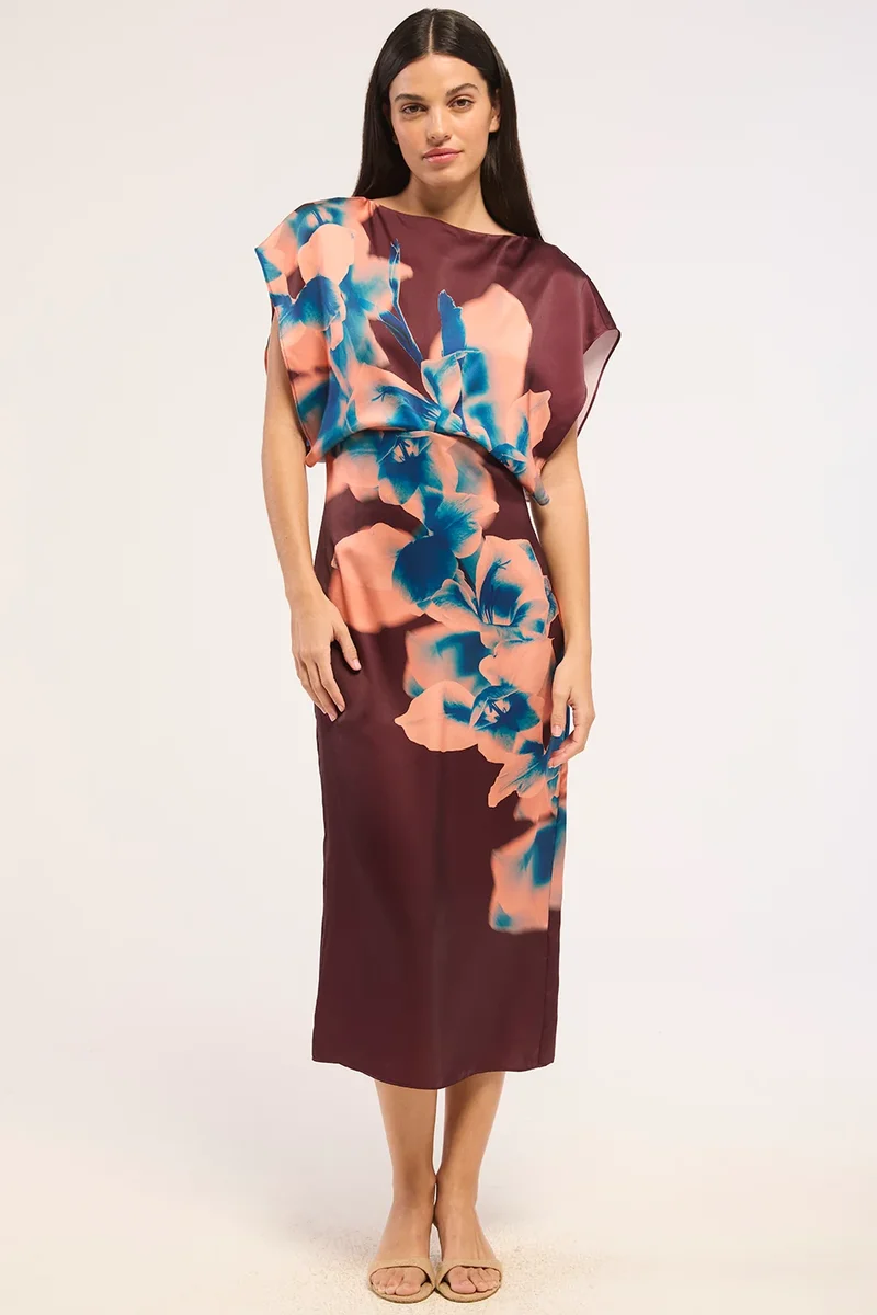 Robe midi drapée à imprimé d’orchidées Lenny