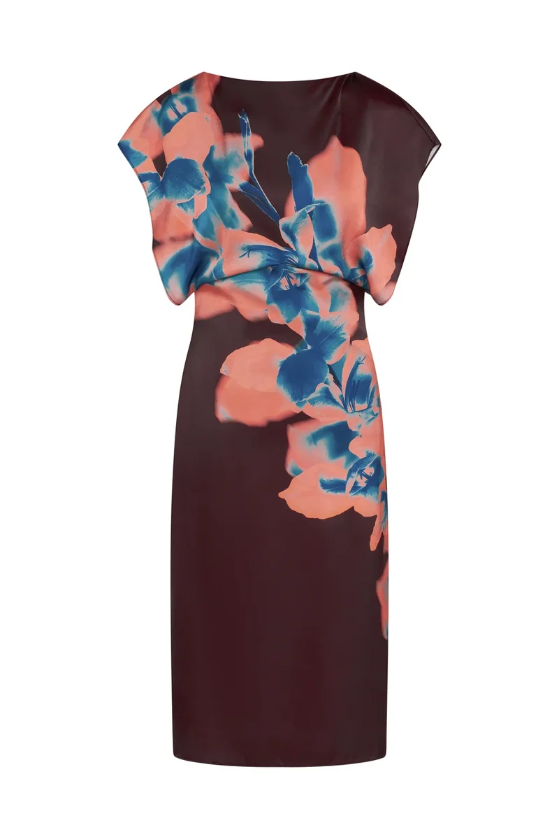 Robe midi drapée à imprimé d’orchidées Lenny