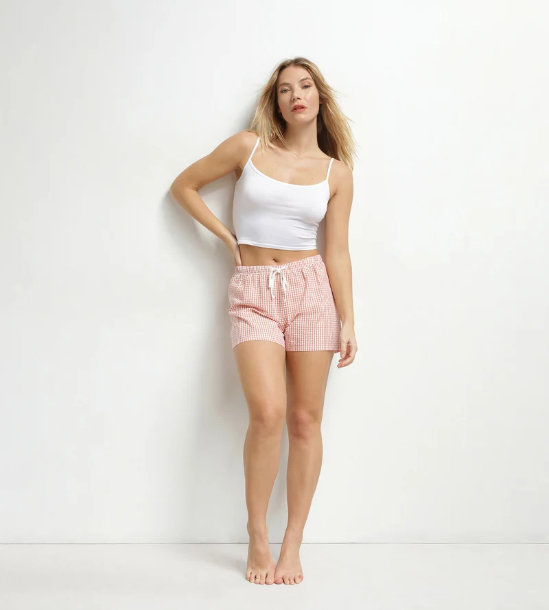 Short de pyjama femme vichy seersucker Abricot Écru Dim Nightwear