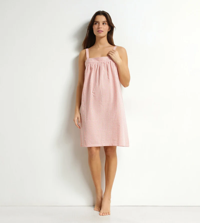 Chemise de nuit femme vichy seersucker Abricot Écru Dim Nightwear