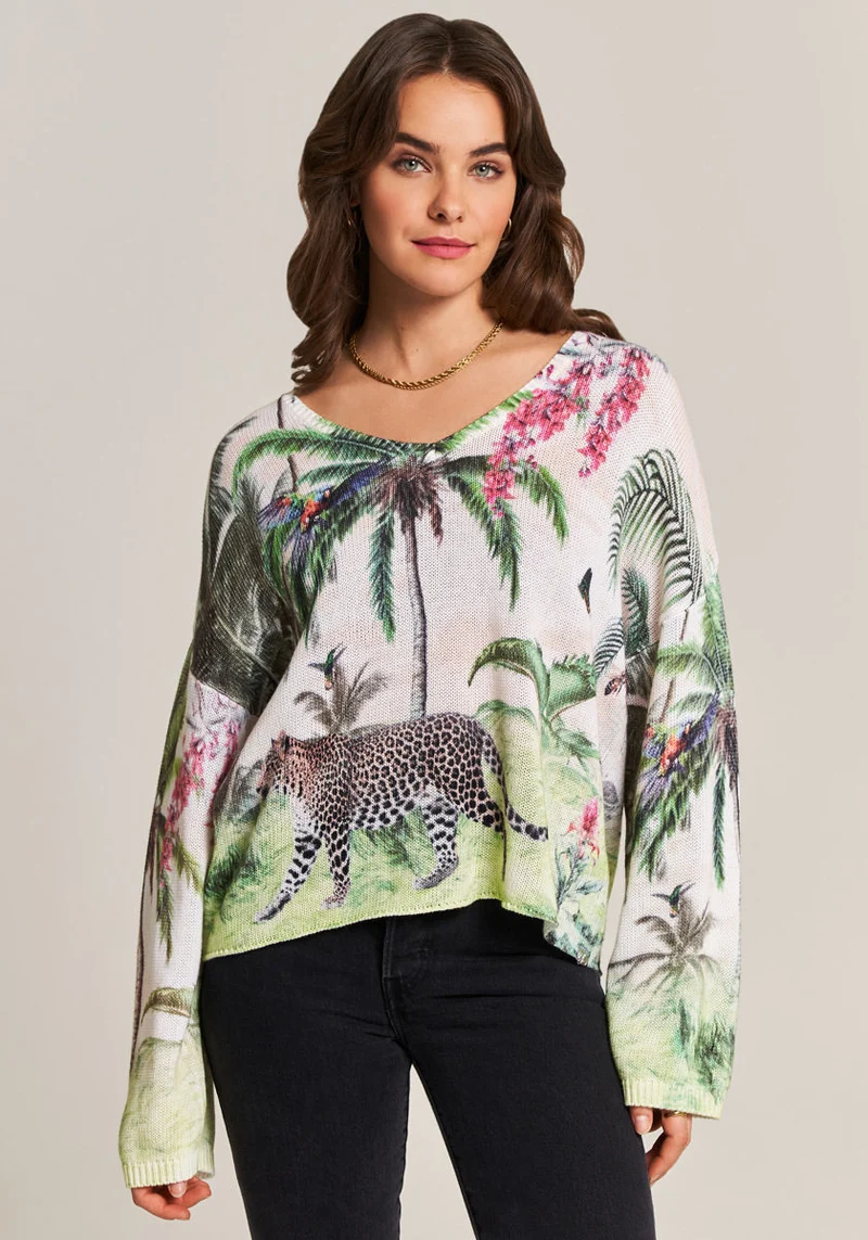 Pull en coton et lin avec imprimé jungle