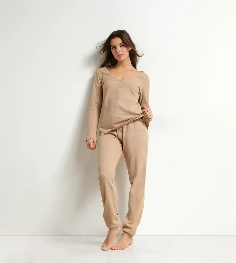 Ensemble pyjama femme col V en jersey Marron Dim Cosy Time