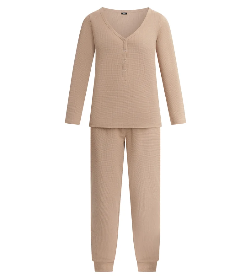 Ensemble pyjama femme col V en jersey Marron Dim Cosy Time