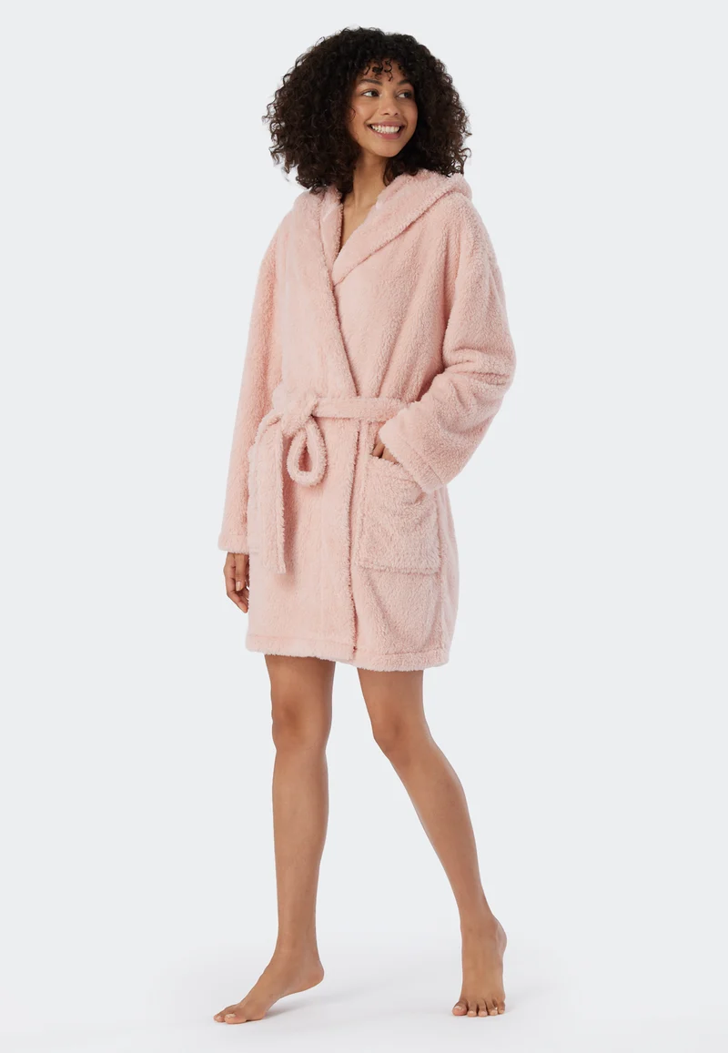 Morgenmantel mit Kapuze Teddy-Fleece Altrosa - Essentials