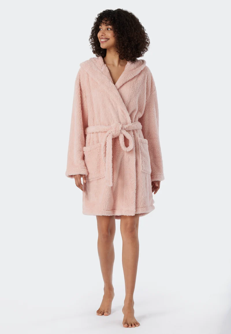 Morgenmantel mit Kapuze Teddy-Fleece Altrosa - Essentials