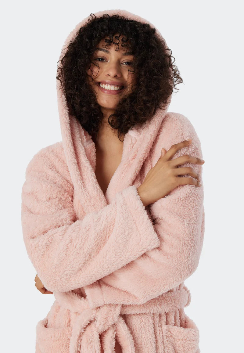 Morgenmantel mit Kapuze Teddy-Fleece Altrosa - Essentials