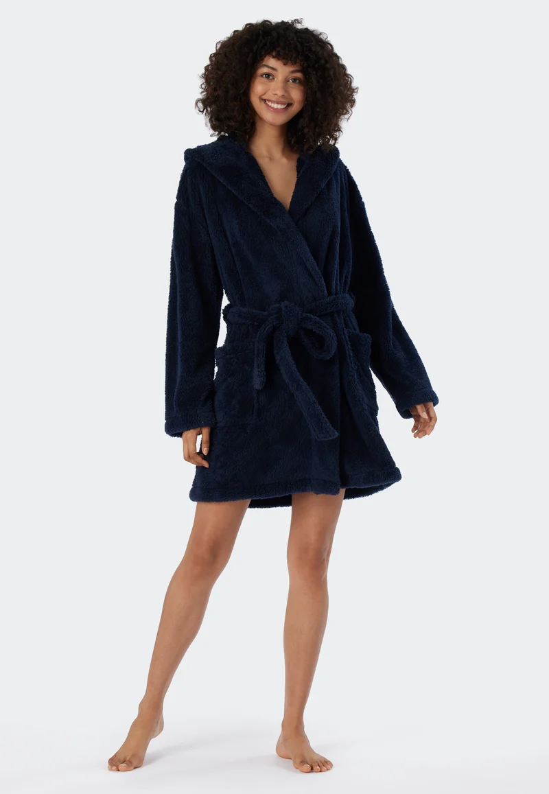 Morgenmantel mit Kapuze Teddy-Fleece Dunkelblau - Essentials