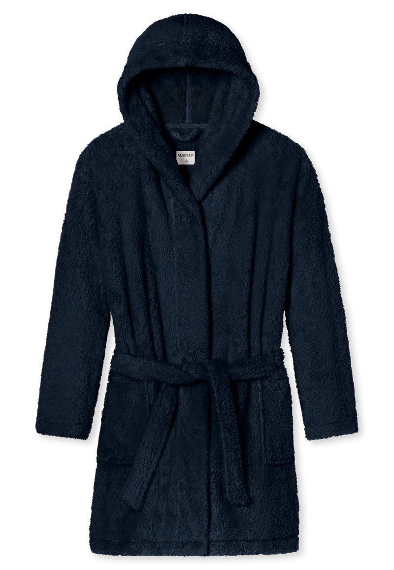 Morgenmantel mit Kapuze Teddy-Fleece Dunkelblau - Essentials