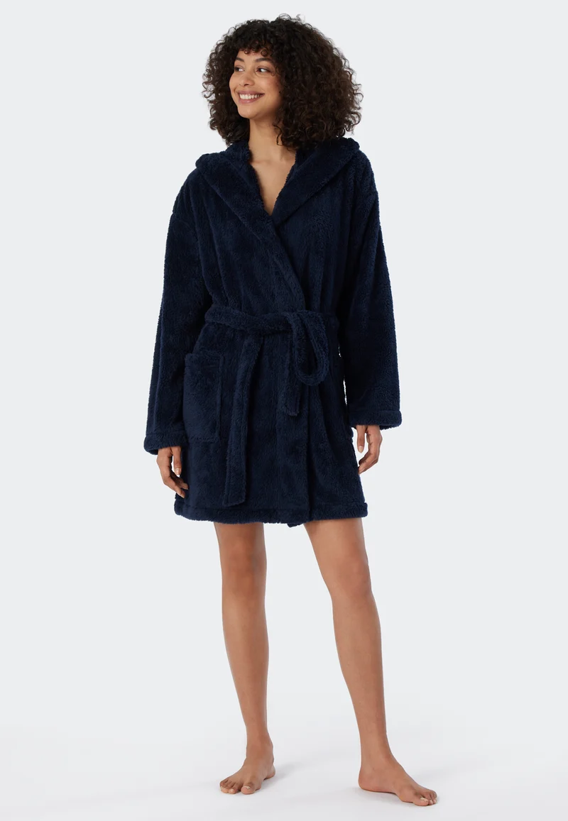 Morgenmantel mit Kapuze Teddy-Fleece Dunkelblau - Essentials