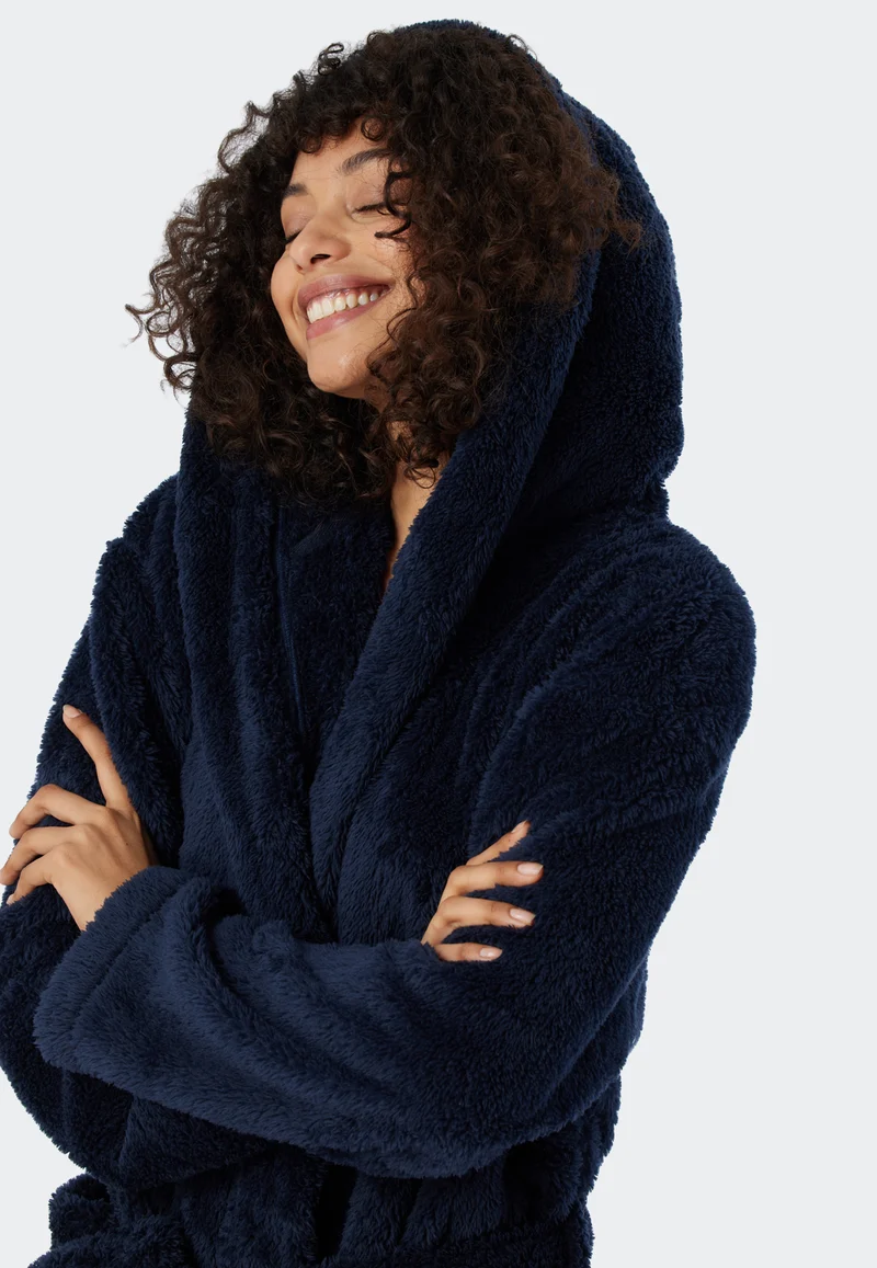 Morgenmantel mit Kapuze Teddy-Fleece Dunkelblau - Essentials