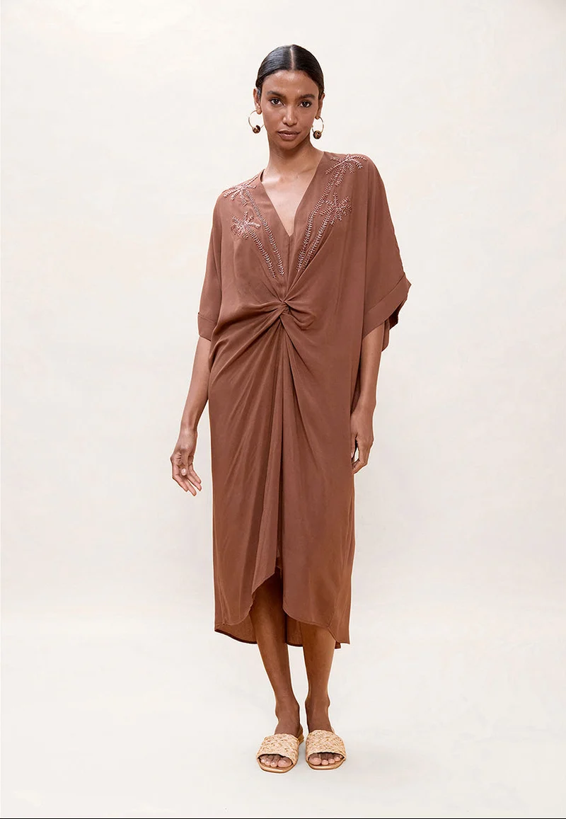 Robe midi nouée à décolleté V et détails palmiers