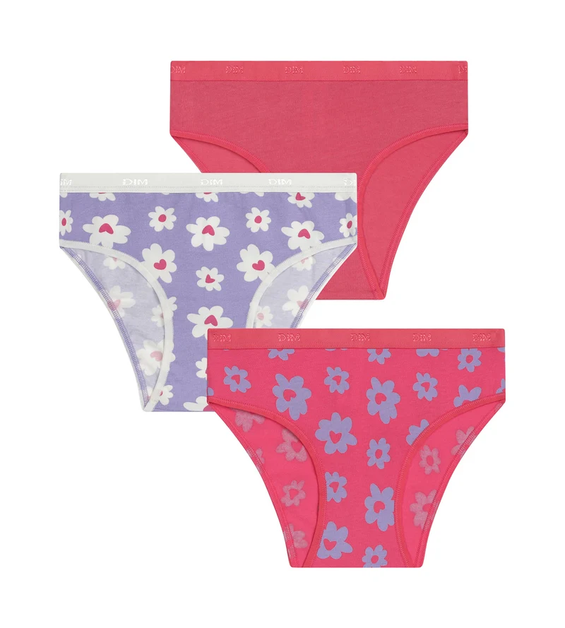 Lot de 3 culottes fille coton stretch Violet Rose à fleurs Les Pockets