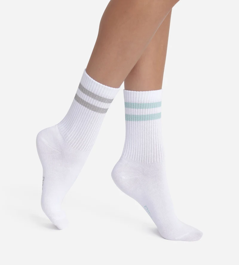 Lot de 2 paires de chaussettes en coton côtelé Blanc et lurex Bleu Gris Dim Mode