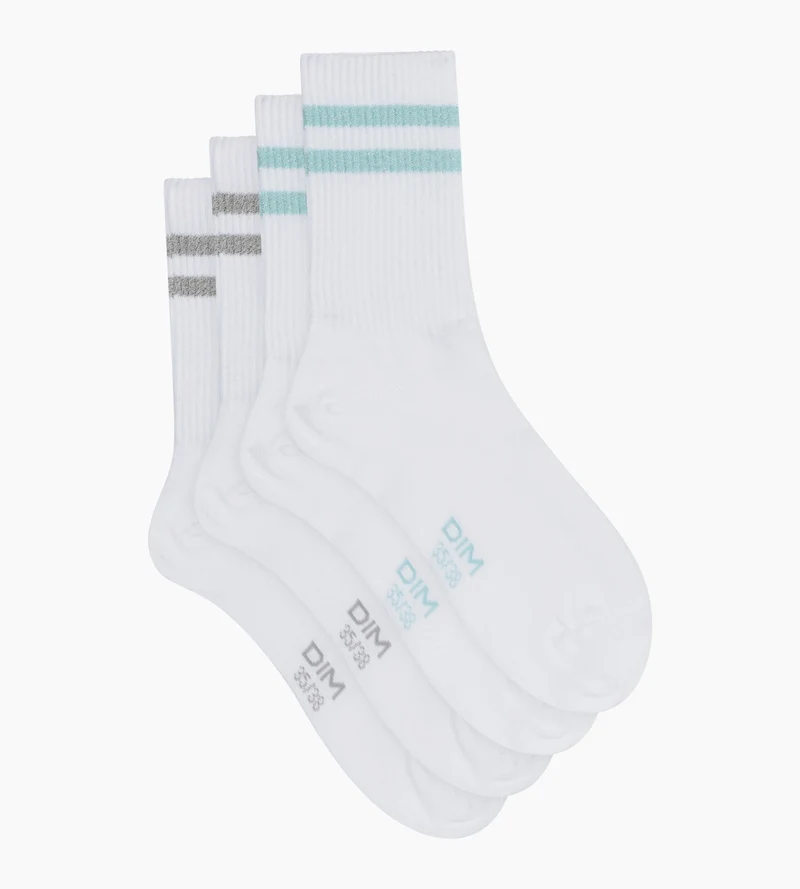 Lot de 2 paires de chaussettes en coton côtelé Blanc et lurex Bleu Gris Dim Mode