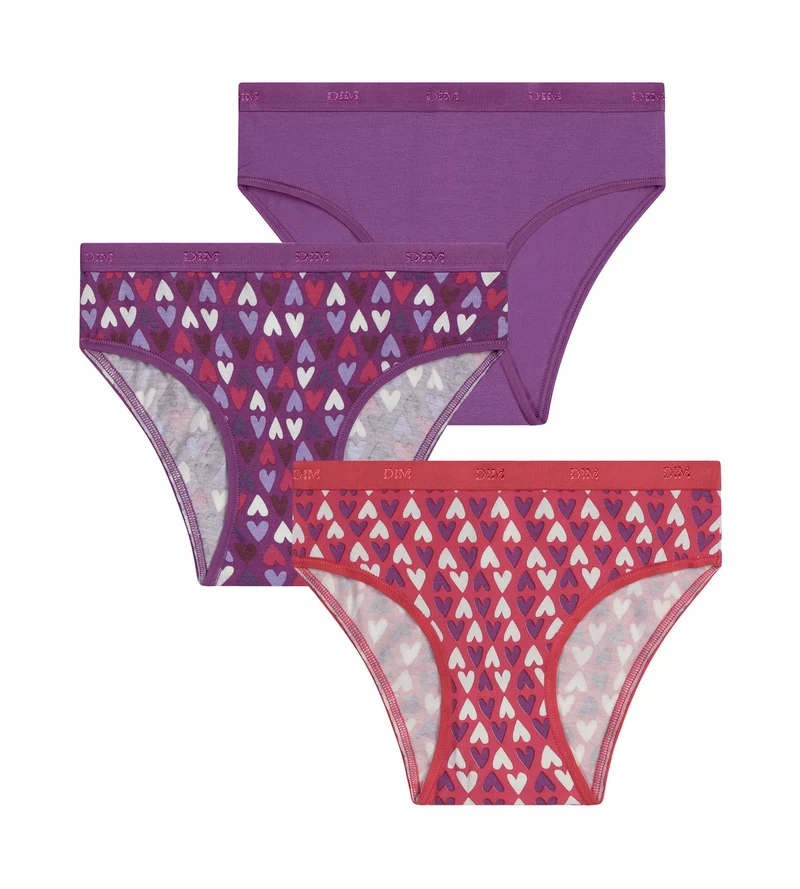 Lot de 3 culottes fille coton stretch Violet Rouge à cœurs Les Pockets