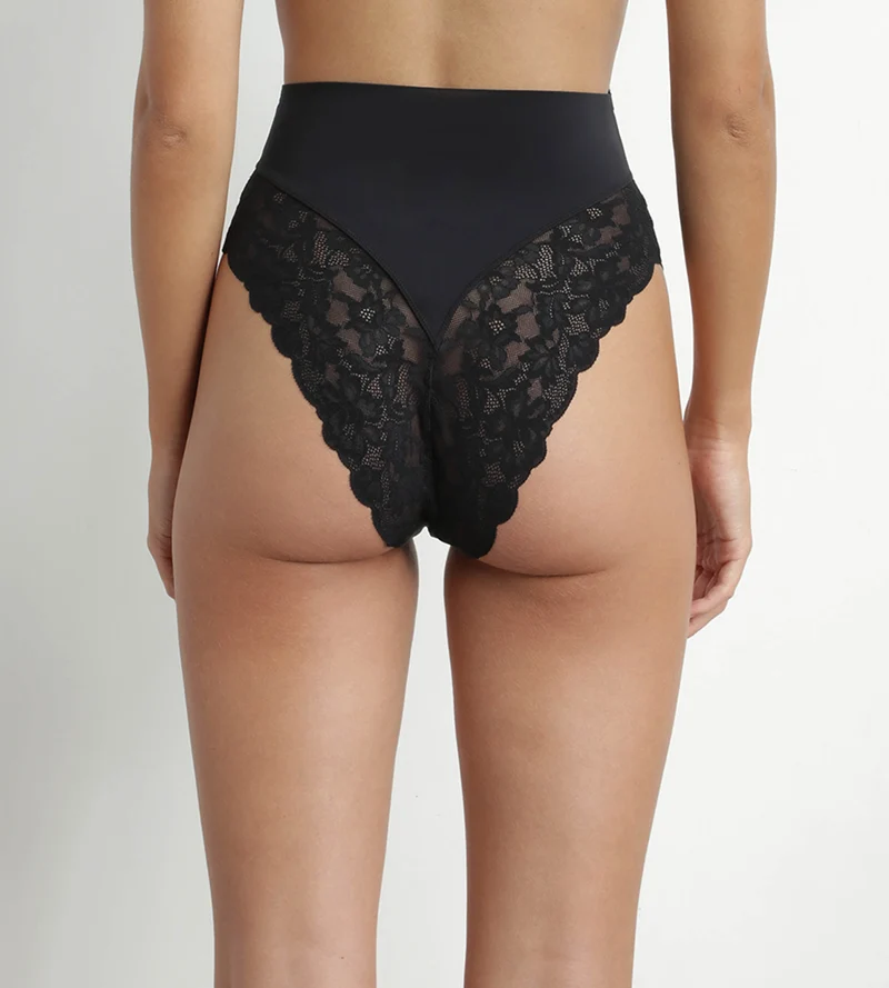 String galbant taille haute microfibre et dentelle Noir Dim Silhouette Elegance