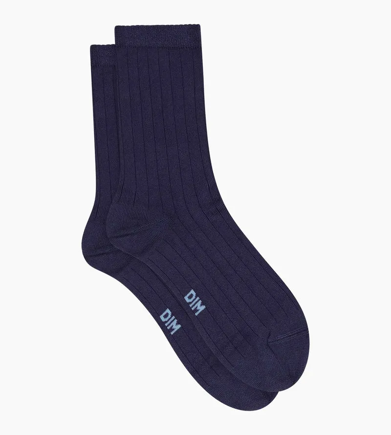 Chaussettes femme côtelées en coton satiné Bleu Dim Mode