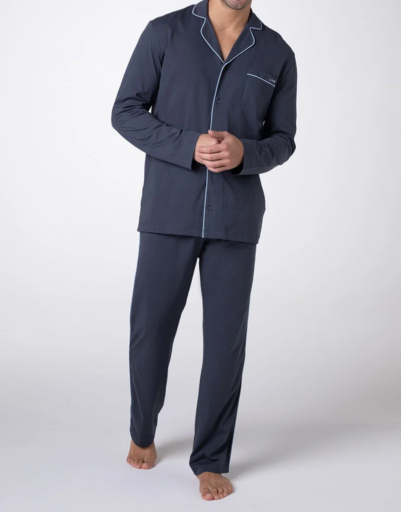 Pyjama long ouvert en jersey de coton ardoise pour unisexe