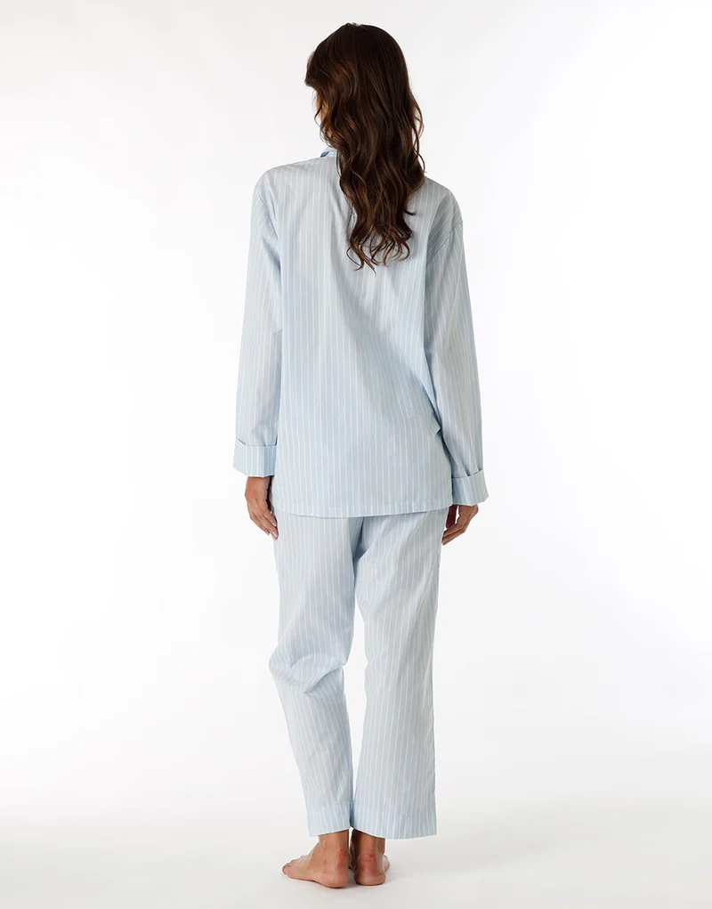 Pyjama long ouvert unisexe en toile de coton bleu à rayures