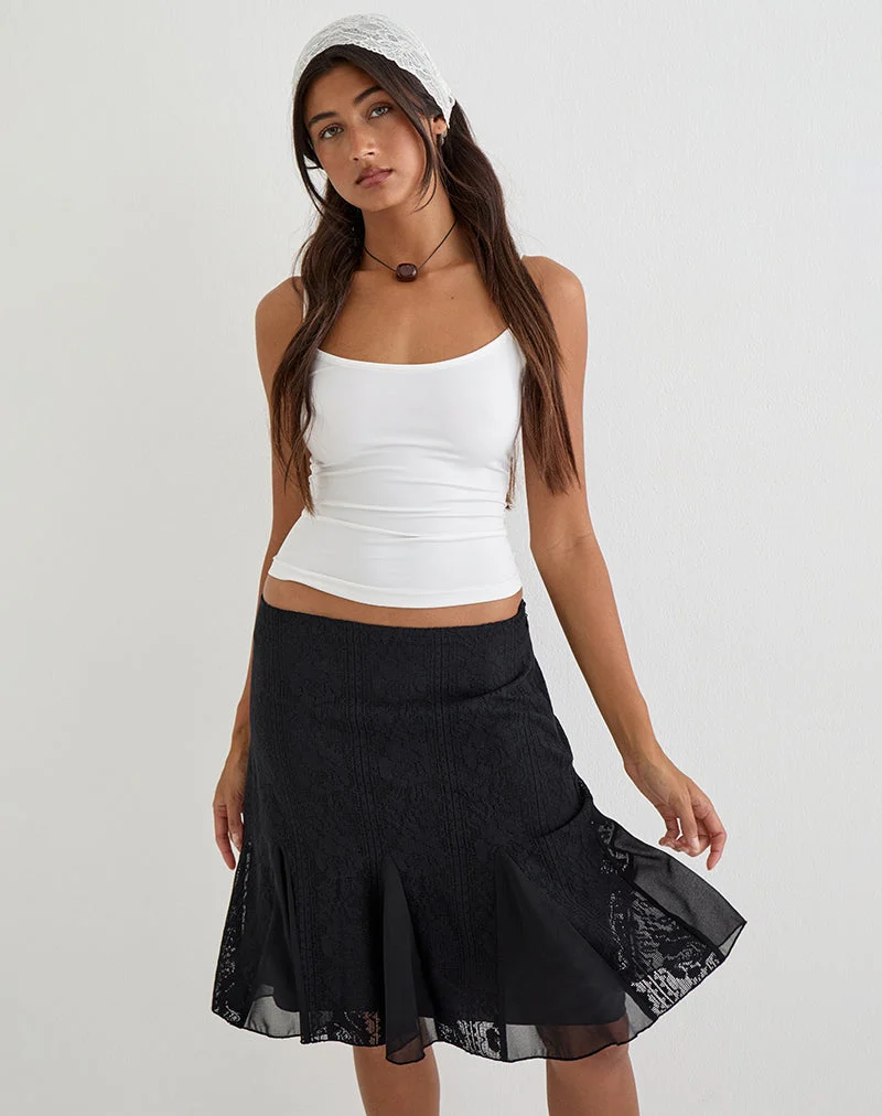 Jupe mi-longue Saiwa en dentelle à motifs floraux, noire
