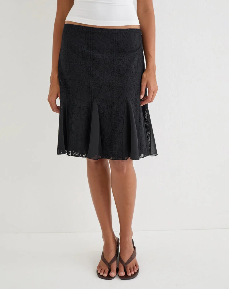 Jupe mi-longue Saiwa en dentelle à motifs floraux, noire