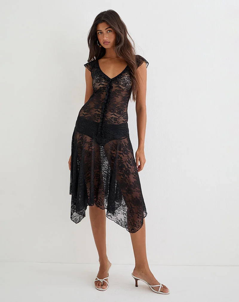 Robe midi « Moselle » à taille basse en dentelle noire