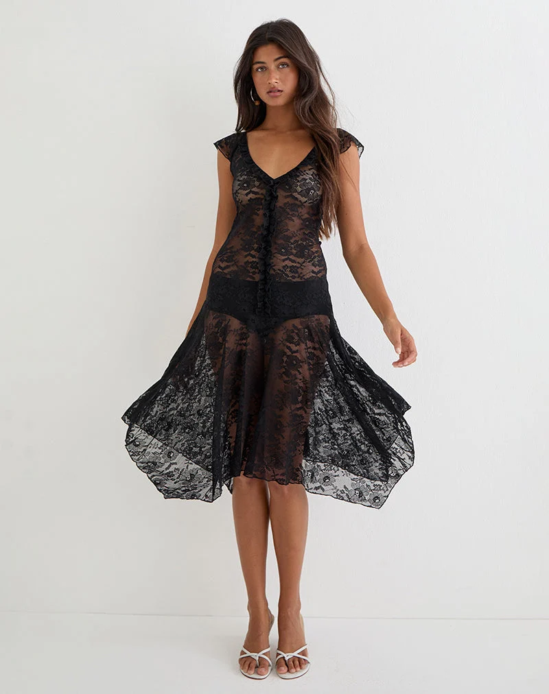 Robe midi « Moselle » à taille basse en dentelle noire