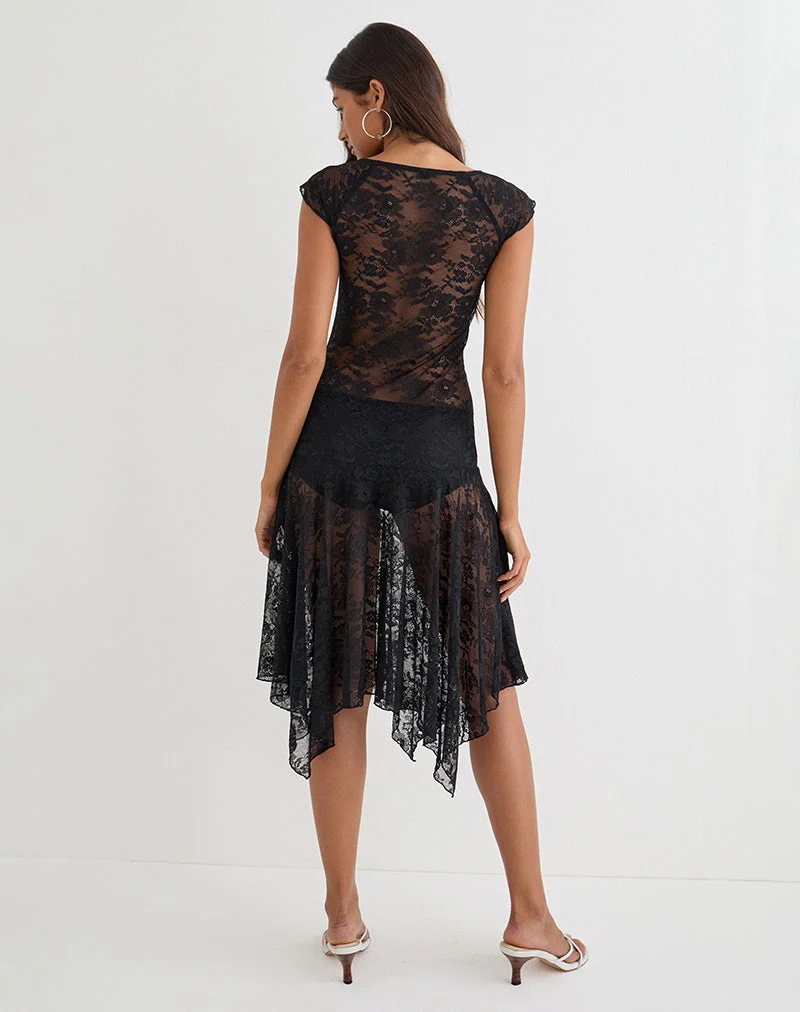 Robe midi « Moselle » à taille basse en dentelle noire