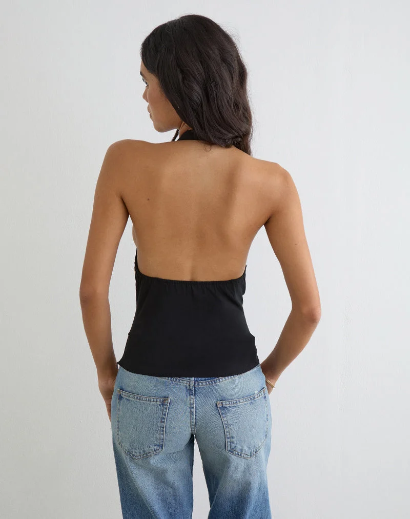 Haut dos nu Orvio noir avec bordure brodée de paillettes