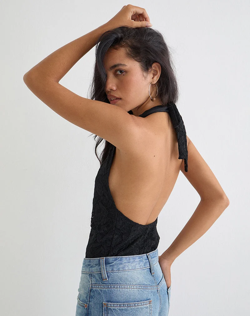 Body Maizy à encolure dos nu en dentelle florale noire
