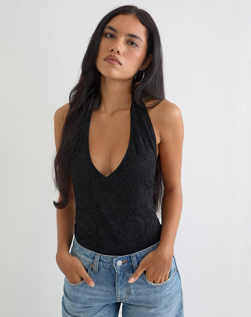 Body Maizy à encolure dos nu en dentelle florale noire